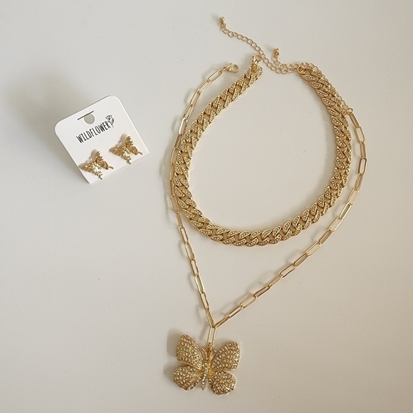 NEW Duble Rhinestone Gold Chain Butterfly Necklace Set - Picture 7 of 10